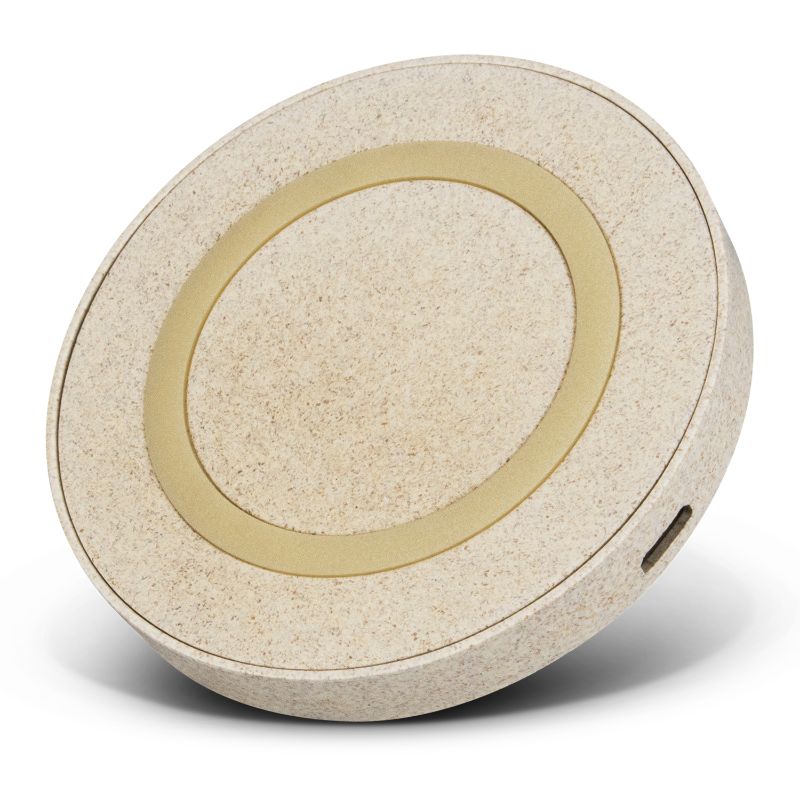 Eco-friendly round wireless charger made from wheat straw, designed for efficient 5W charging of most modern smartphones.