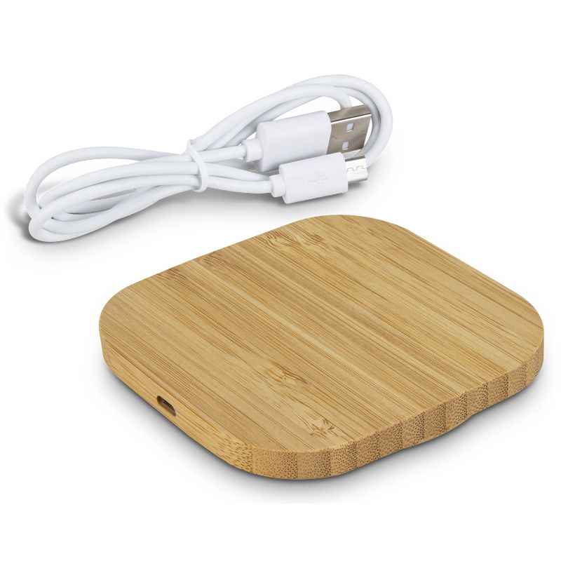 Sleek square bamboo wireless charger, eco-friendly design, 5W output, ideal for modern devices, comes in a gift box (6 units).