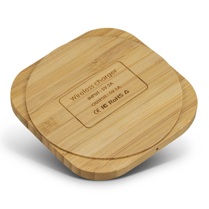 Eco-friendly square bamboo wireless charger set (6 units) for efficient 5W charging of modern devices, presented in recyclable gift box.