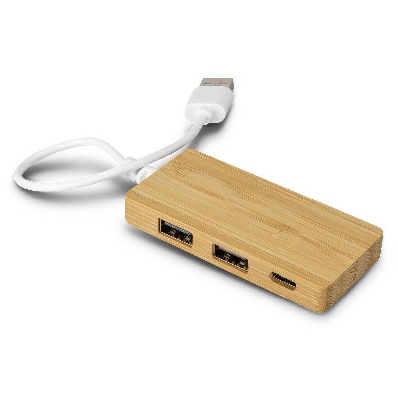 Eco-friendly bamboo USB hub with 2 USB A ports, 1 USB Type-C output, and 480Mbps data transfer speed, perfect for modern tech users.