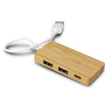 Eco-friendly bamboo USB hub with 2 USB A ports, 1 USB Type-C output, and 480Mbps data transfer speed, perfect for modern tech users.