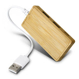 Eco-friendly bamboo USB hub with 2 USB A and 1 Type-C ports, ideal for connecting multiple devices stylishly.