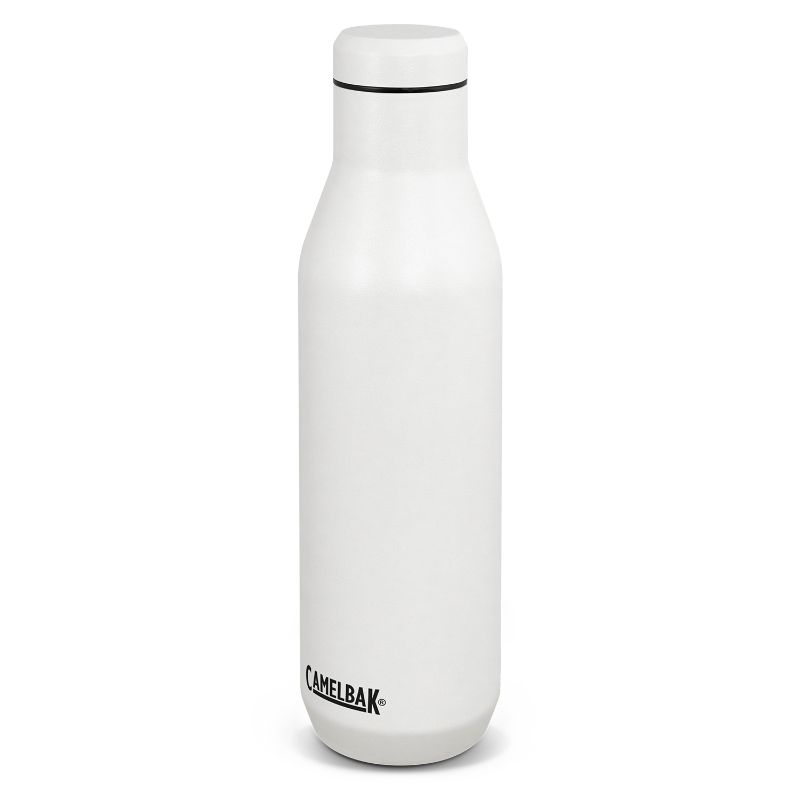 Sleek white 750ml CamelBak Horizon vacuum bottle, double-wall insulated, keeps drinks cold for 6 hours, hot for 4.