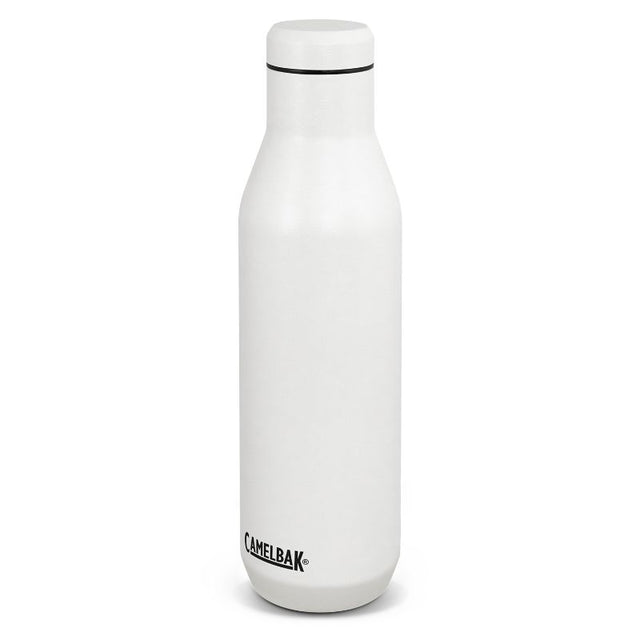 Sleek white 750ml CamelBak Horizon vacuum bottle, double-wall insulated, keeps drinks cold for 6 hours, hot for 4.
