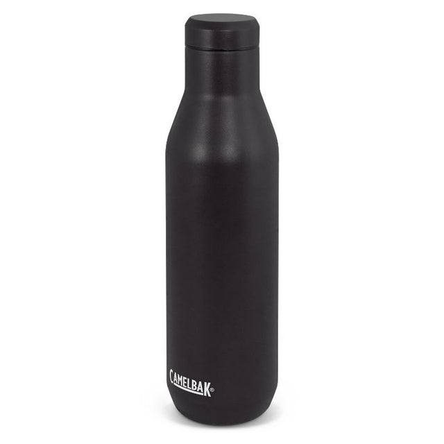 Sleek black 750ml CamelBak Horizon vacuum bottle with double-wall insulation for cold drinks up to 6 hours and a non-slip base.