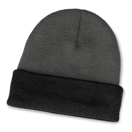 Stylish grey and black two-tone acrylic knit beanie with a roll-up cuff, perfect for winter wear. Pack of 10 units.