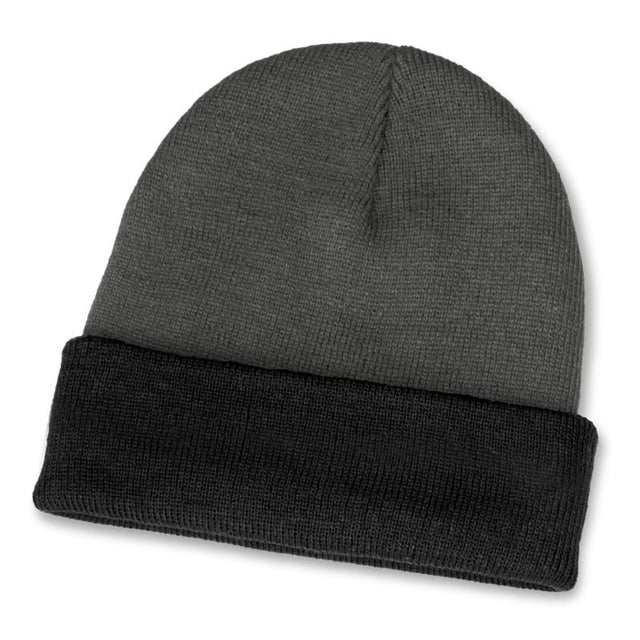 Stylish grey and black two-tone acrylic knit beanie with a roll-up cuff, perfect for winter wear. Pack of 10 units.