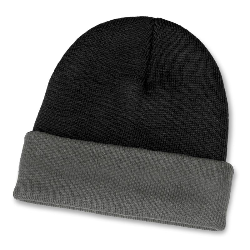 Warm two-toned black and grey acrylic beanie with roll-up cuff, perfect for winter style and comfort.