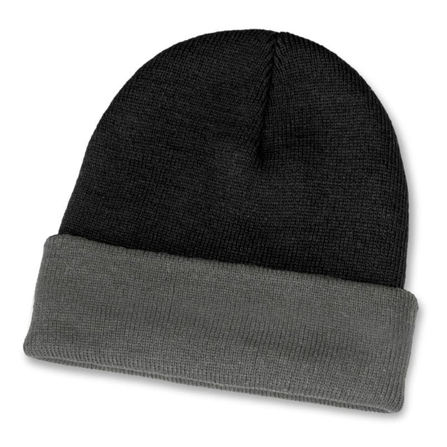 Warm two-toned black and grey acrylic beanie with roll-up cuff, perfect for winter style and comfort.