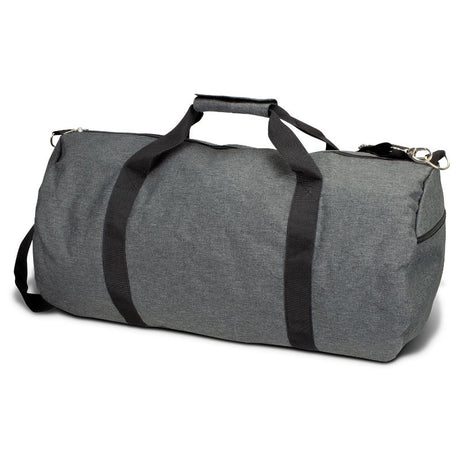 Heather Grey duffle bag featuring durable polyester, removable shoulder strap, and multiple pockets for organizing essentials.