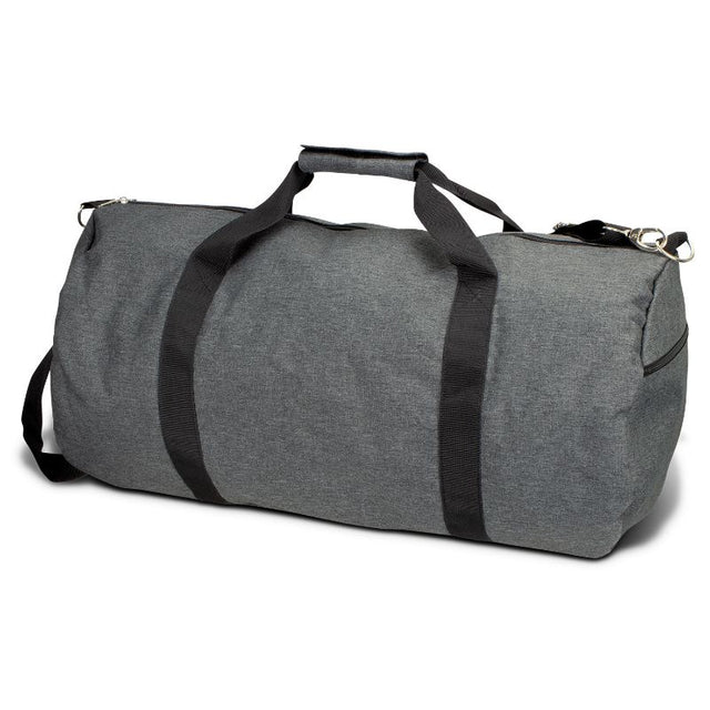 Heather Grey duffle bag featuring durable polyester, removable shoulder strap, and multiple pockets for organizing essentials.
