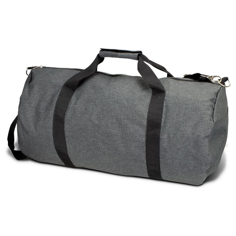 Montreal Duffle Bag in Heather Grey, durable polyester with woven handles, adjustable strap, spacious compartments, and stylish design.
