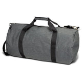 Montreal Duffle Bag in Heather Grey, durable polyester with woven handles, adjustable strap, spacious compartments, and stylish design.