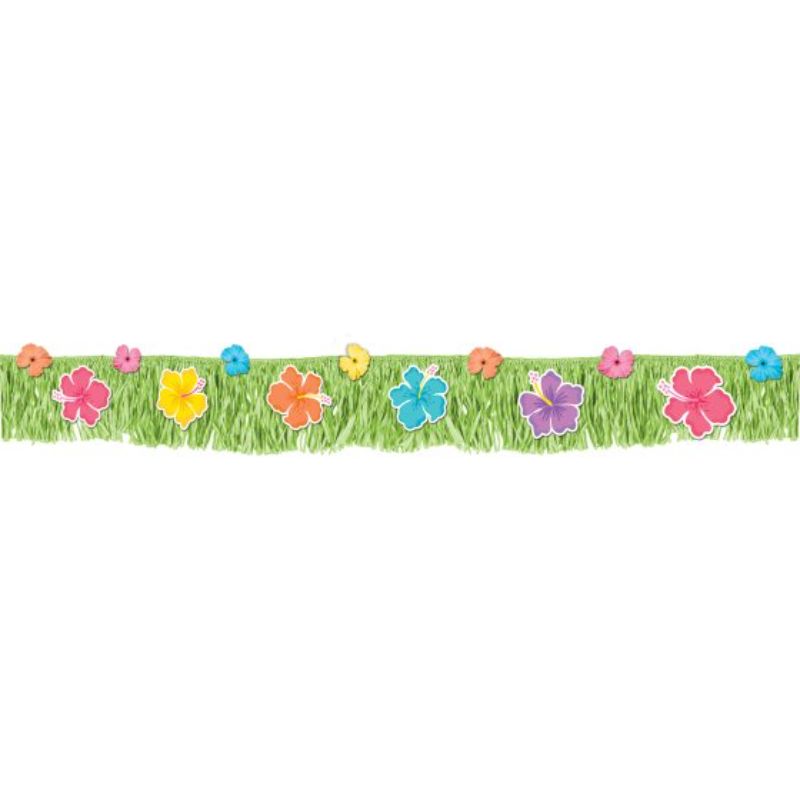 Colorful hibiscus fringed banner for tropical parties, measuring 23cm x 178cm, perfect for vibrant summer celebrations.