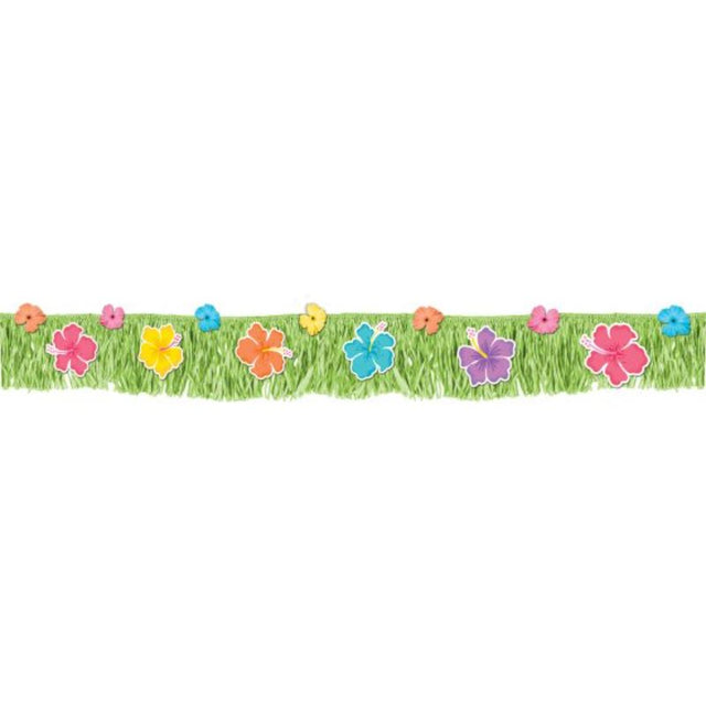 Colorful hibiscus fringed banner for tropical parties, measuring 23cm x 178cm, perfect for vibrant summer celebrations.