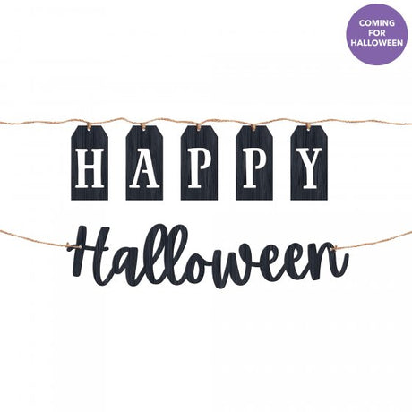 Halloween black and white MDF banners (2-pack), 1.82m long, featuring classic motifs for stylish spooky decor.