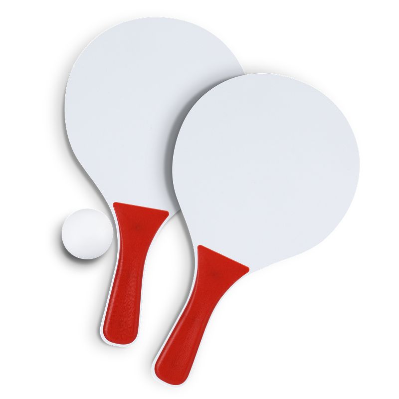 Paddle Ball Game set in red with 6 units, featuring two paddles and a rubber ball, ideal for outdoor fun and coordination.