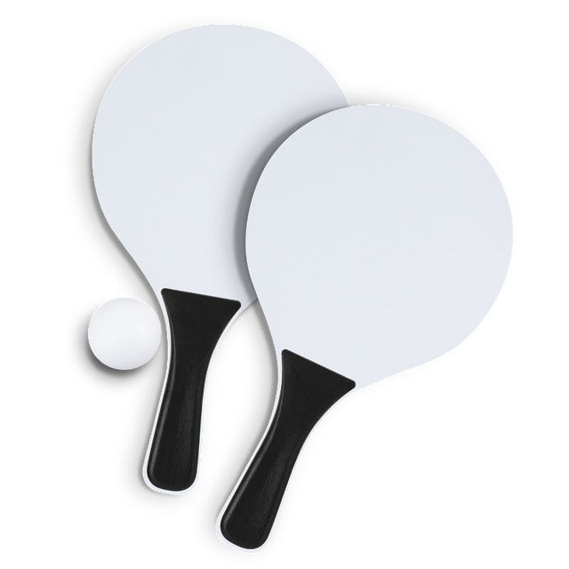 Set of 6 black paddle ball games with lightweight paddles, rubber ball, and a mesh carry bag for outdoor fun.
