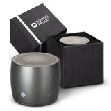 Compact black Swiss Peak Bass Speaker with 3W output, optimal bass, durable stainless steel, and 5-hour battery life.
