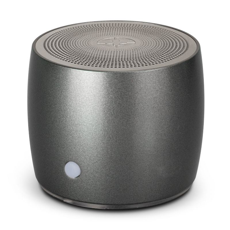 Compact black Swiss Peak Bass Speaker with 3W output, premium stainless steel, Bluetooth 5.0, and 5-hour battery life.