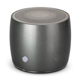 Compact black Swiss Peak Bass Speaker with 3W output, premium stainless steel, Bluetooth 5.0, and 5-hour battery life.