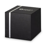 Swiss Peak Bass Speaker in sleek black, featuring 3W output, Bluetooth 5.0, and a stylish stainless steel design.