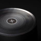 Sleek black Swiss Peak Bass Speaker with robust 3W output, built-in driver, and stylish stainless steel design.