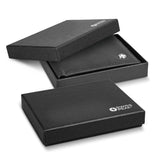Premium black bi-fold wallet with anti-skimming tech, 6 card slots, Swiss Peak logo, and elegant PU leather finish.