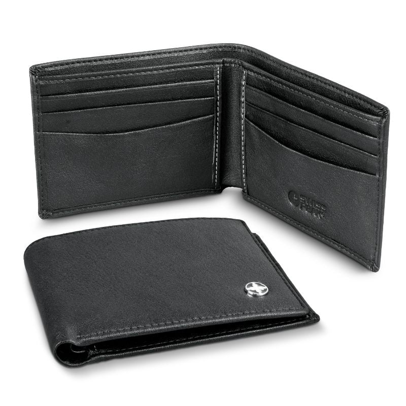 Black Swiss Peak Anti Skimming Wallet featuring 6 card slots, PU leather material, and elegant logo, ensuring security and style.