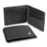 Black Swiss Peak Anti Skimming Wallet featuring 6 card slots, PU leather material, and elegant logo, ensuring security and style.