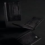 Black Swiss Peak Anti Skimming Wallet, featuring 6 card slots, premium PU leather, and secure anti-skimming technology.
