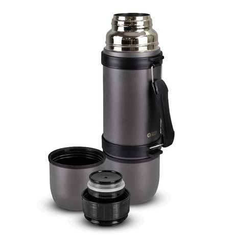Steel Grey Swiss Peak Duo Cup Vacuum Flask with shoulder strap, two cups, and leak-proof design for outdoor hydration.