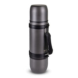 Stylish Steel Grey 700ml vacuum flask with two matching cups, shoulder strap, and leak-proof design for sharing drinks outdoors.