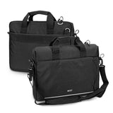 Sleek black Swiss Peak RFID laptop bag with 15.6" padded compartment, zippered pockets, and reflective safety strip.