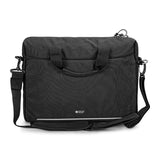 Sleek black Swiss Peak RFID laptop bag with padded 15.6-inch compartment, multiple pockets, and reflective safety strip.