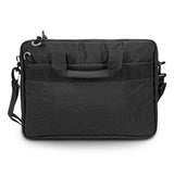 Sleek black Swiss Peak RFID laptop bag with padded 15.6-inch compartment, zippered pockets, and reflective safety strip.