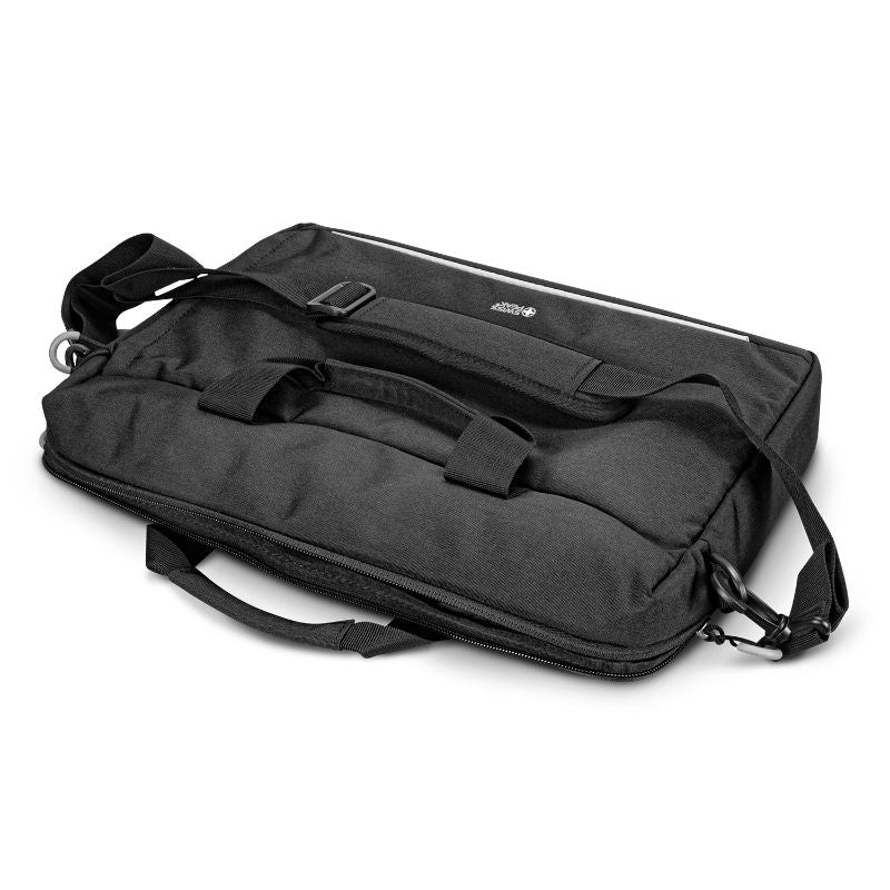 Sleek black Swiss Peak RFID laptop bag with padded 15.6-inch compartment and multiple storage options for professionals.