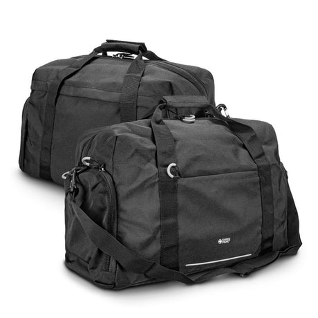 Sleek black Swiss Peak RFID Sports Duffle Bag with laptop compartment, RFID protection, and organized pockets for travel and workouts.