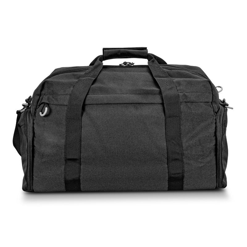 Black Swiss Peak RFID Sports Duffle Bag with laptop compartment, shoe pockets, and RFID protection for secure travel.
