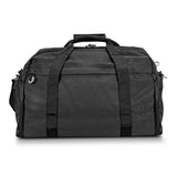 Black Swiss Peak RFID Sports Duffle Bag with laptop compartment, shoe pockets, and RFID protection for secure travel.