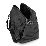 Black Swiss Peak RFID Sports Duffle Bag featuring a laptop compartment, shoe pockets, and RFID protection for secure travel.