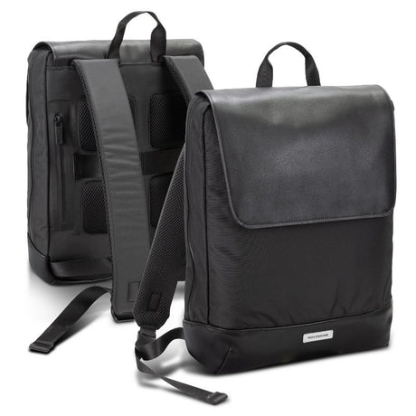 Moleskine Metro Slim Backpack in black, featuring a magnetic flap, water-resistant zip, and a well-organized interior for daily essentials.