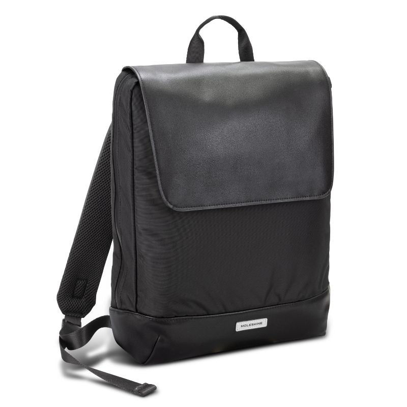 Sleek black Moleskine Metro Slim Backpack with magnetic flap, water-resistant zip, and organized interior for urban use.