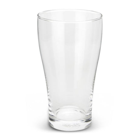 Set of 12 clear Schooner beer glasses, 425ml, with a nucleated base for enhanced foam retention and a classic conical shape.