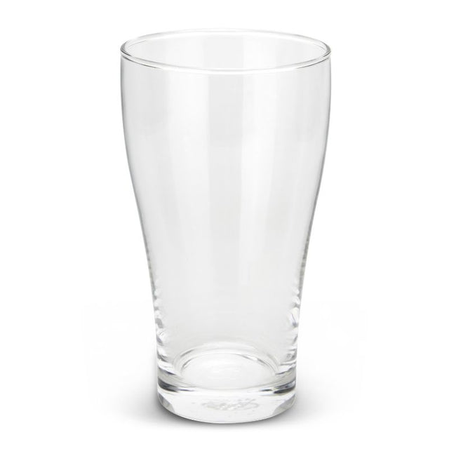Set of 12 clear Schooner beer glasses, 425ml, with a nucleated base for enhanced foam retention and a classic conical shape.