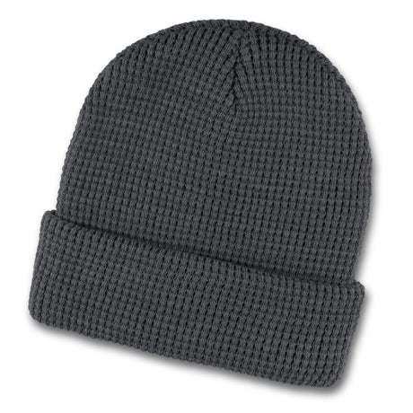 Stylish charcoal beanie with a cozy waffle knit and roll-up cuff, perfect for cold weather and versatile wear.