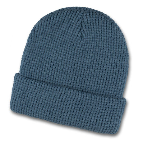 Slate blue waffle knit beanie with roll-up cuff, perfect for outdoor adventures, warm and stylish for winter wear.