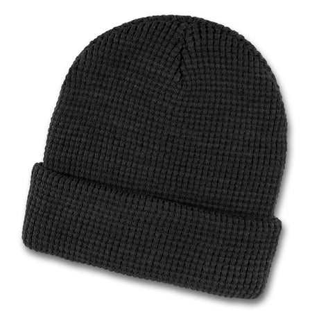 Galway Waffle Black Beanie: stylish acrylic knit with waffle pattern, roll-up cuff, perfect for winter wear, 10 units pack.