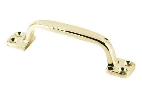 Brass plated 120mm pull handle featuring a sleek design, durable zinc construction, and comfortable grip for easy door access.