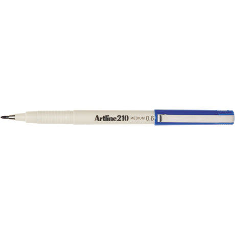 Artline 210 Fineliner Pen in blue, 0.6mm tip, 12-pack, perfect for precise writing and detailed illustrations without bleed.